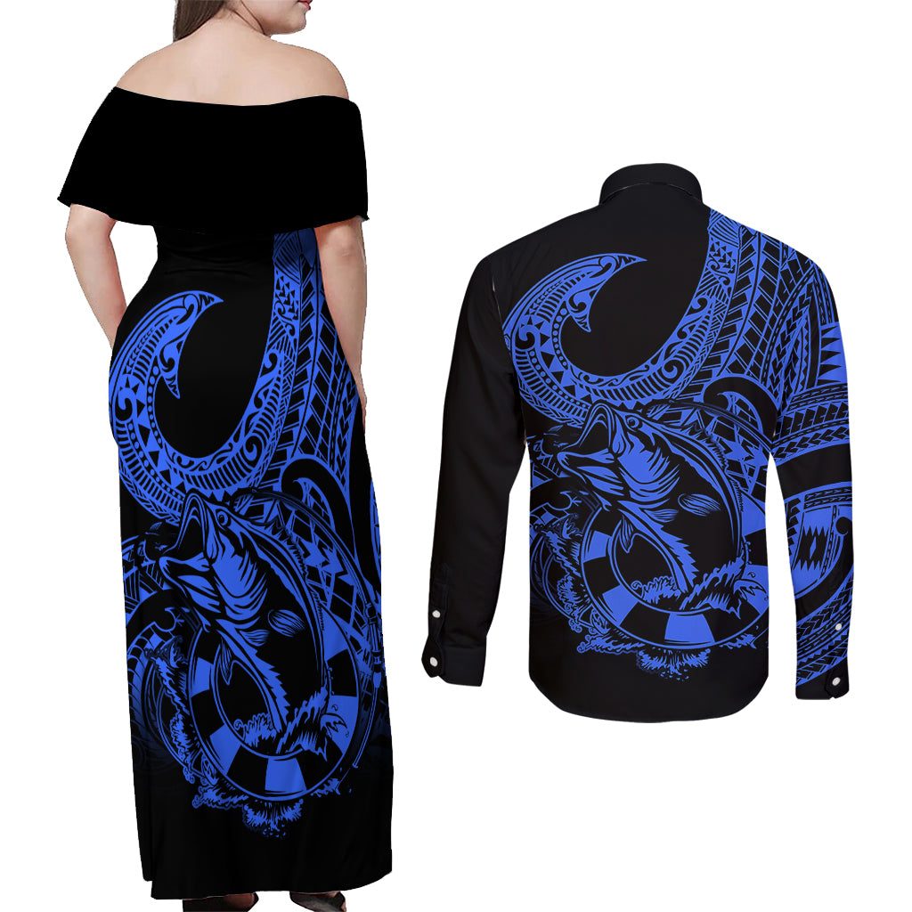 polynesia-couples-matching-off-shoulder-maxi-dress-and-long-sleeve-button-shirts-fish-hook-tattoo-go-fishing-polynesian-pattern-blue