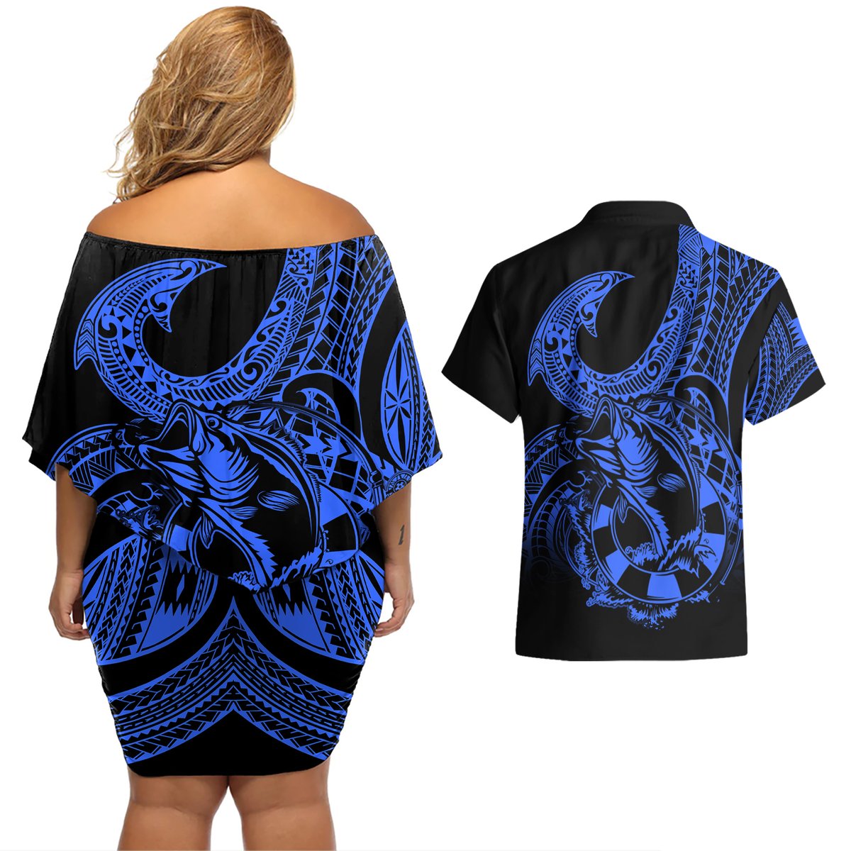 polynesia-couples-matching-off-shoulder-short-dress-and-hawaiian-shirt-fish-hook-tattoo-go-fishing-polynesian-pattern-blue