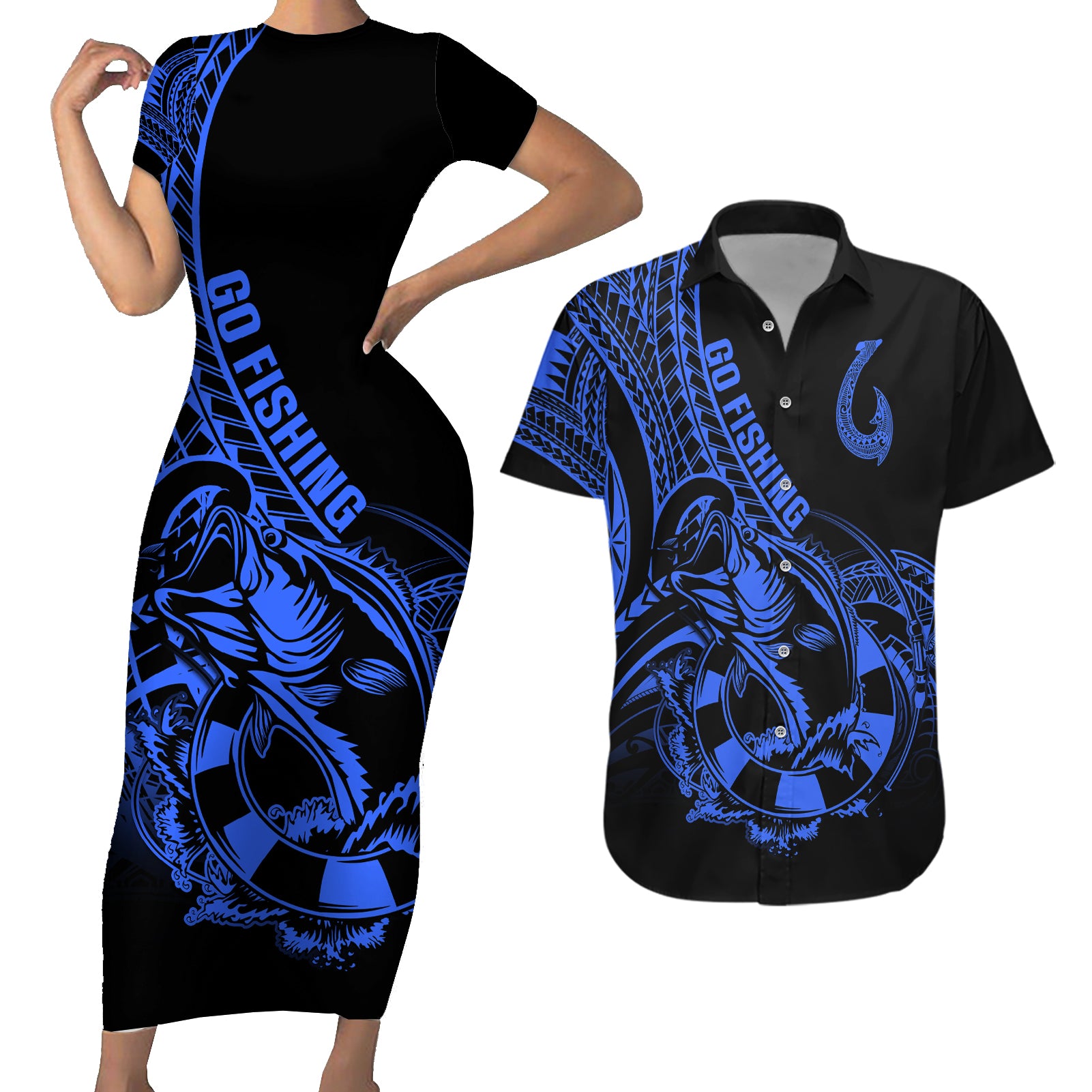 polynesia-couples-matching-short-sleeve-bodycon-dress-and-hawaiian-shirt-fish-hook-tattoo-go-fishing-polynesian-pattern-blue