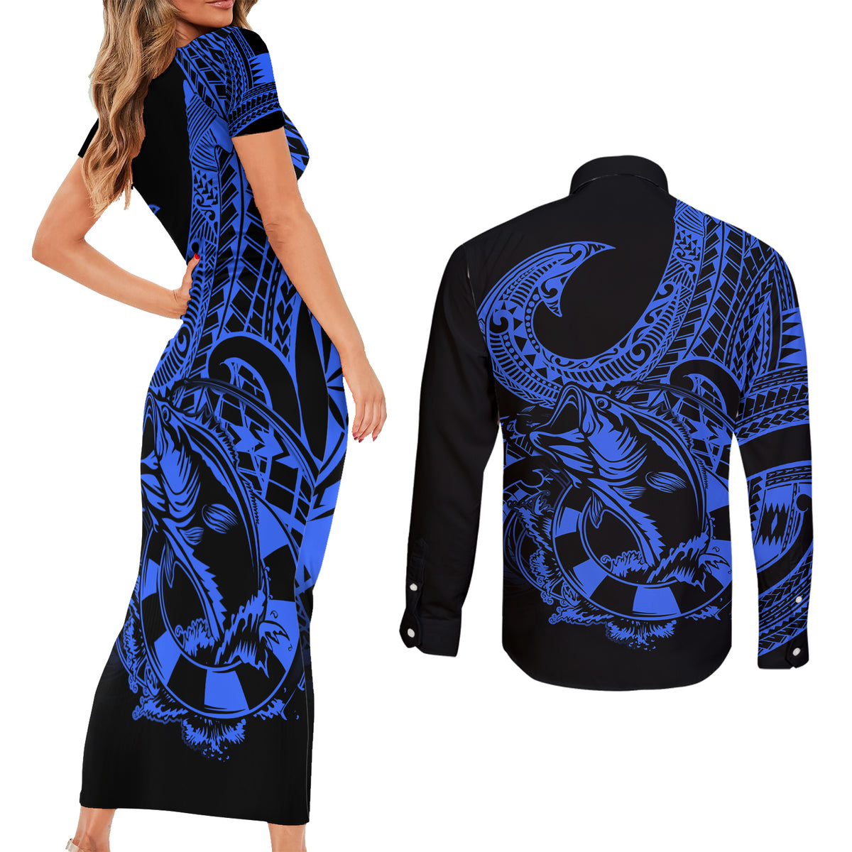 polynesia-couples-matching-short-sleeve-bodycon-dress-and-long-sleeve-button-shirts-fish-hook-tattoo-go-fishing-polynesian-pattern-blue
