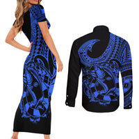 polynesia-couples-matching-short-sleeve-bodycon-dress-and-long-sleeve-button-shirts-fish-hook-tattoo-go-fishing-polynesian-pattern-blue