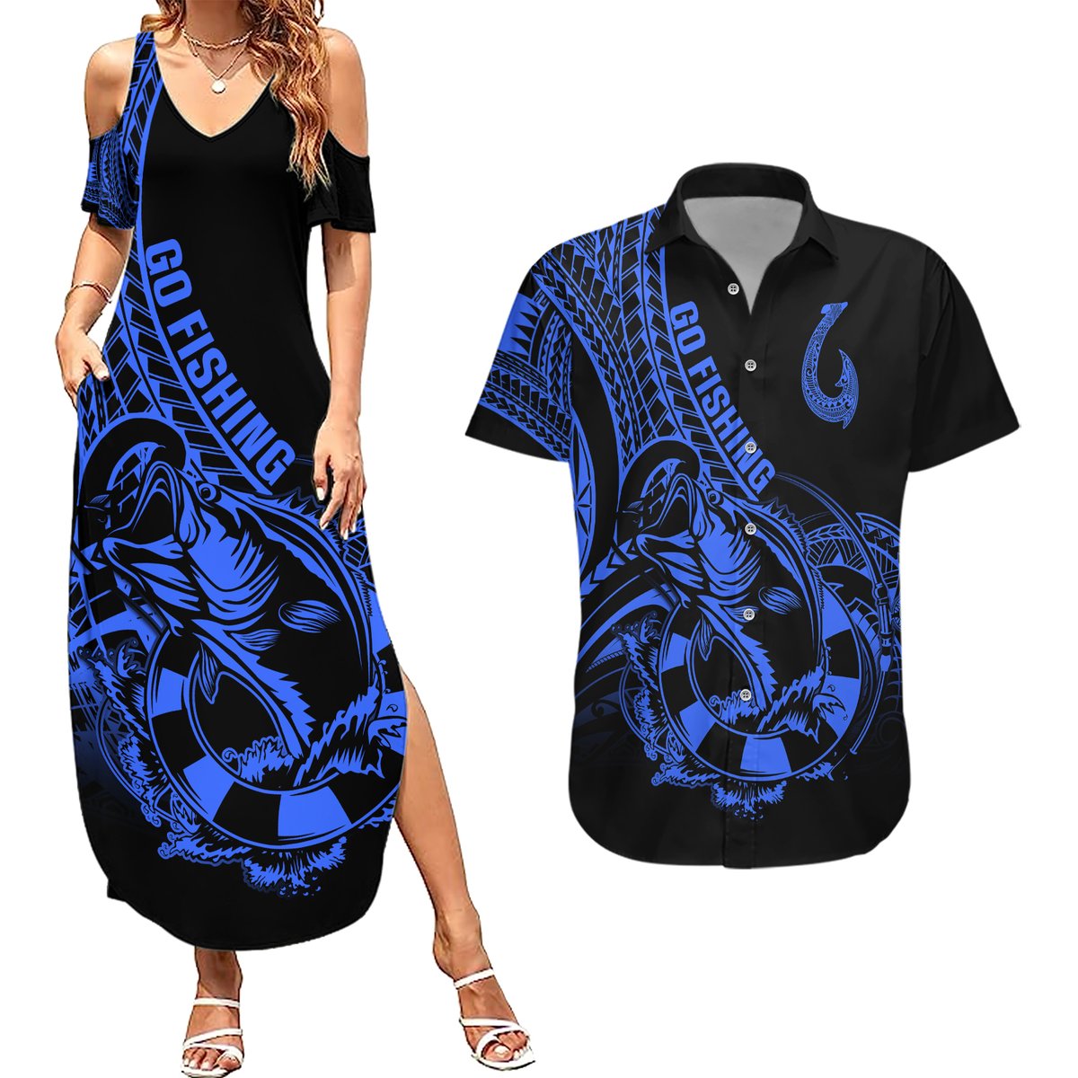 polynesia-couples-matching-summer-maxi-dress-and-hawaiian-shirt-fish-hook-tattoo-go-fishing-polynesian-pattern-blue