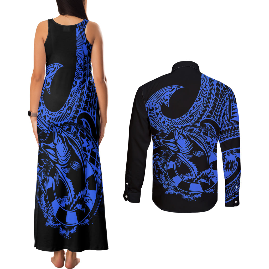 polynesia-couples-matching-tank-maxi-dress-and-long-sleeve-button-shirts-fish-hook-tattoo-go-fishing-polynesian-pattern-blue