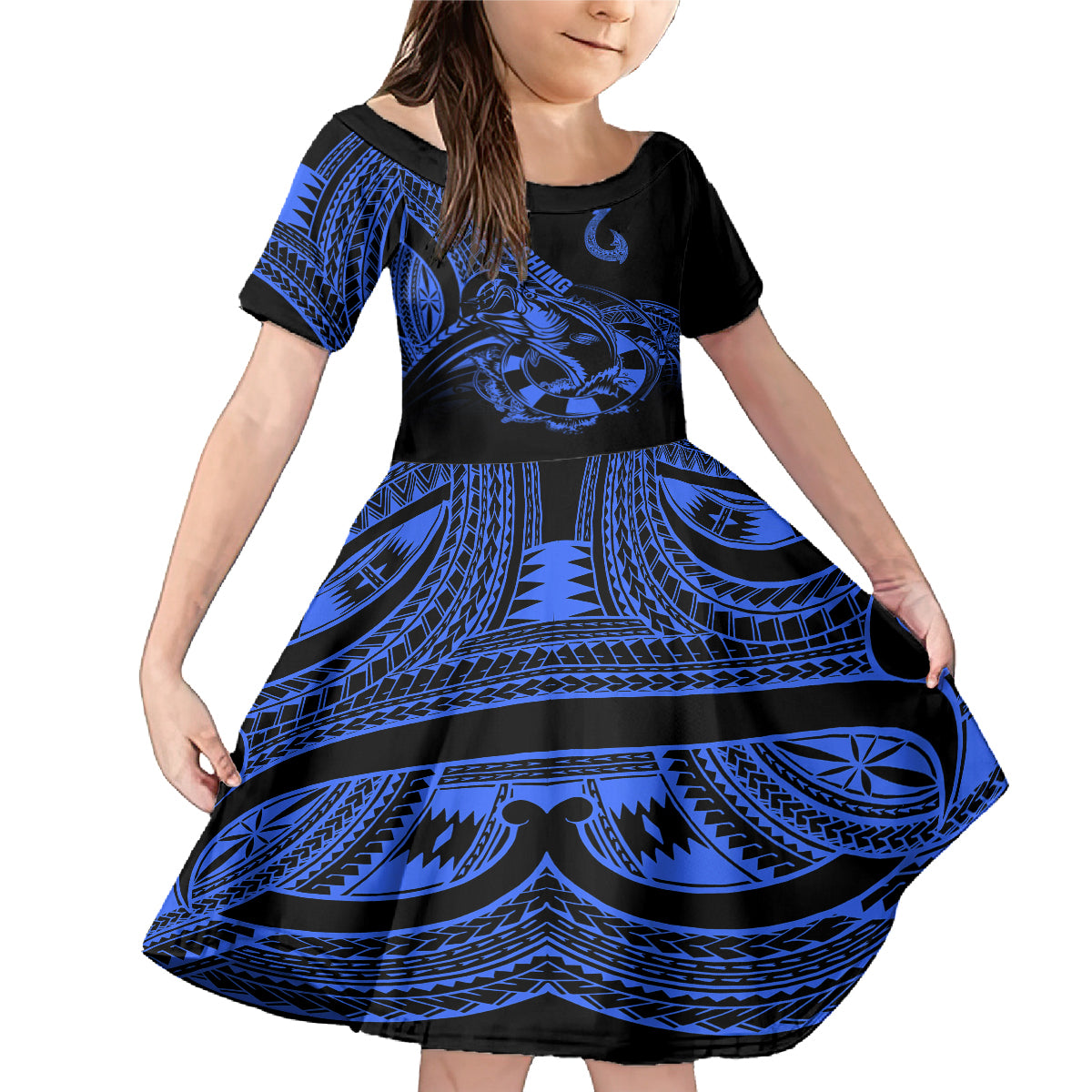 polynesia-family-matching-mermaid-dress-and-hawaiian-shirt-fish-hook-tattoo-go-fishing-polynesian-pattern-blue