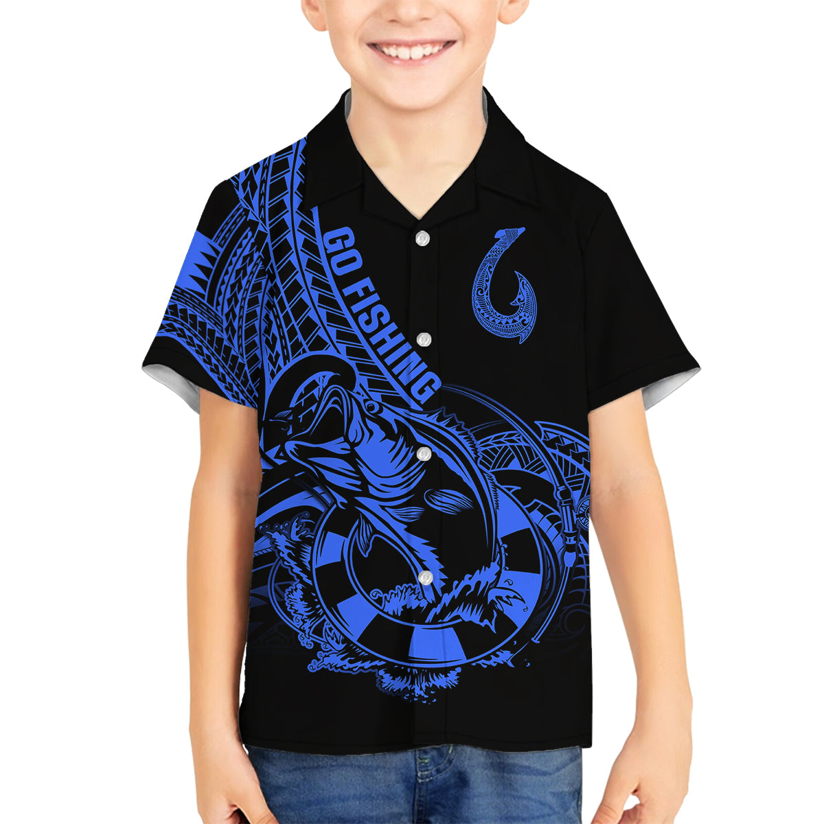 Polynesia Family Matching Off Shoulder Maxi Dress and Hawaiian Shirt Fish Hook Tattoo Go Fishing Polynesian Pattern Blue LT14 Son's Shirt Blue - Polynesian Pride