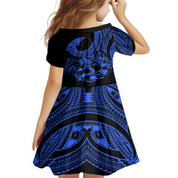 Polynesia Family Matching Off Shoulder Short Dress and Hawaiian Shirt Fish Hook Tattoo Go Fishing Polynesian Pattern Blue LT14 - Polynesian Pride
