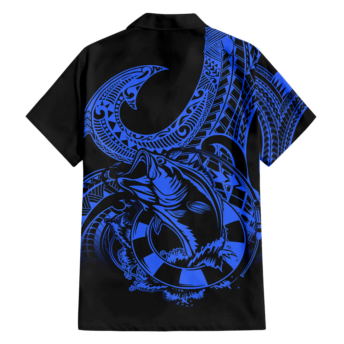 Polynesia Family Matching Off Shoulder Short Dress and Hawaiian Shirt Fish Hook Tattoo Go Fishing Polynesian Pattern Blue LT14 - Polynesian Pride
