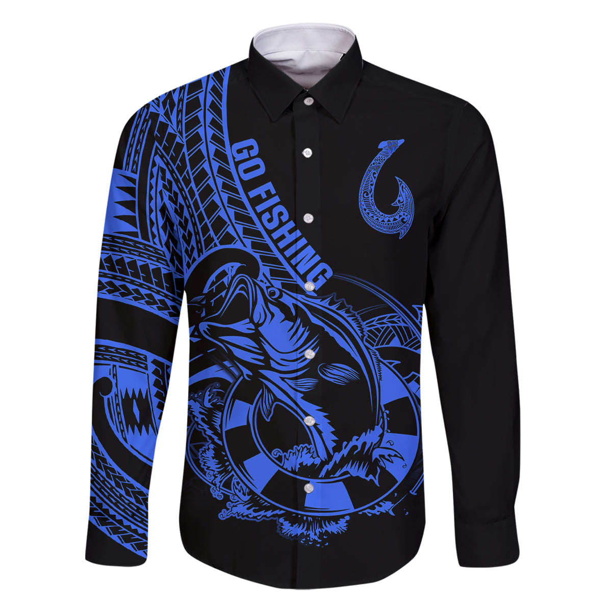 Polynesia Family Matching Off Shoulder Short Dress and Hawaiian Shirt Fish Hook Tattoo Go Fishing Polynesian Pattern Blue LT14 Dad's Shirt - Long Sleeve Blue - Polynesian Pride