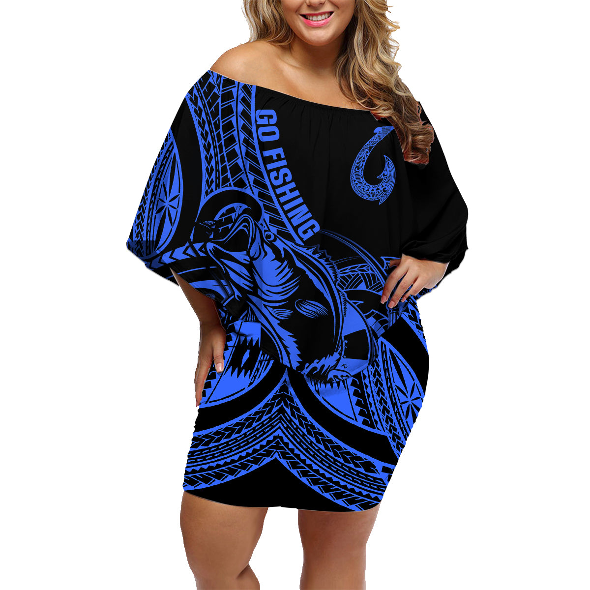 Polynesia Family Matching Off Shoulder Short Dress and Hawaiian Shirt Fish Hook Tattoo Go Fishing Polynesian Pattern Blue LT14 Mom's Dress Blue - Polynesian Pride