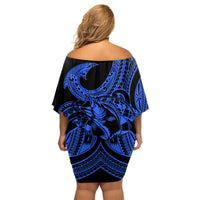 Polynesia Family Matching Off Shoulder Short Dress and Hawaiian Shirt Fish Hook Tattoo Go Fishing Polynesian Pattern Blue LT14 - Polynesian Pride