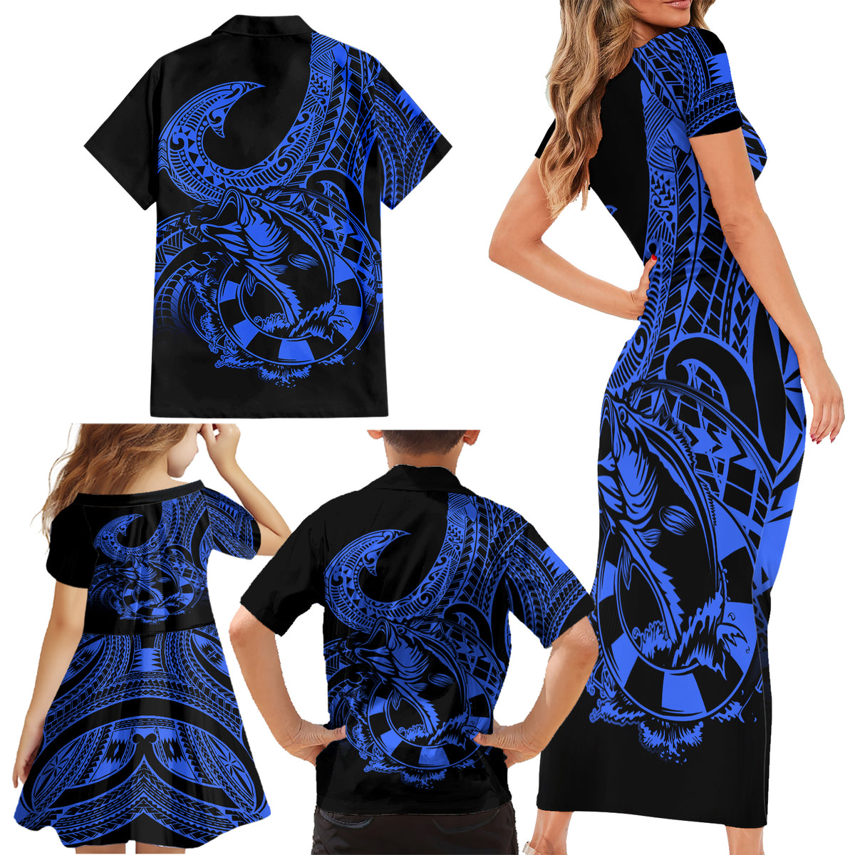 Polynesia Family Matching Short Sleeve Bodycon Dress and Hawaiian Shirt Fish Hook Tattoo Go Fishing Polynesian Pattern Blue LT14 - Polynesian Pride