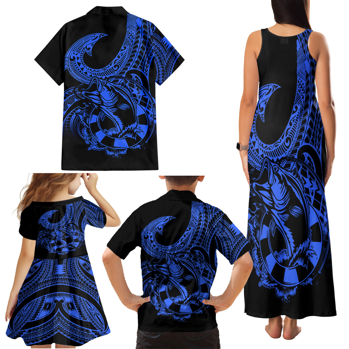 Polynesia Family Matching Tank Maxi Dress and Hawaiian Shirt Fish Hook Tattoo Go Fishing Polynesian Pattern Blue LT14 - Polynesian Pride