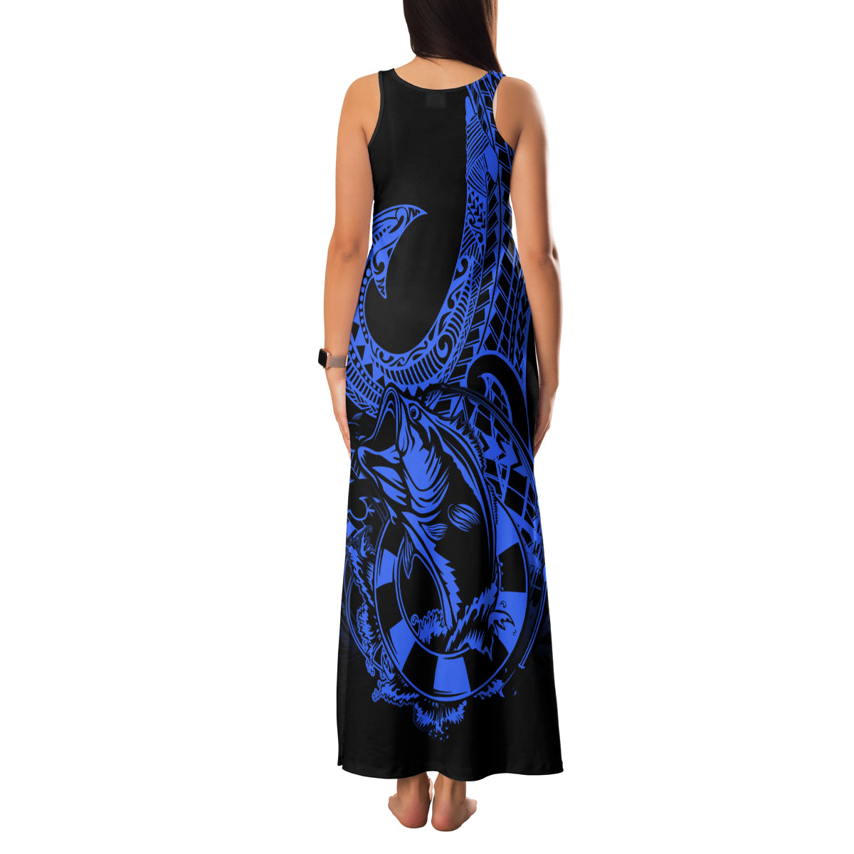 Polynesia Family Matching Tank Maxi Dress and Hawaiian Shirt Fish Hook Tattoo Go Fishing Polynesian Pattern Blue LT14 - Polynesian Pride