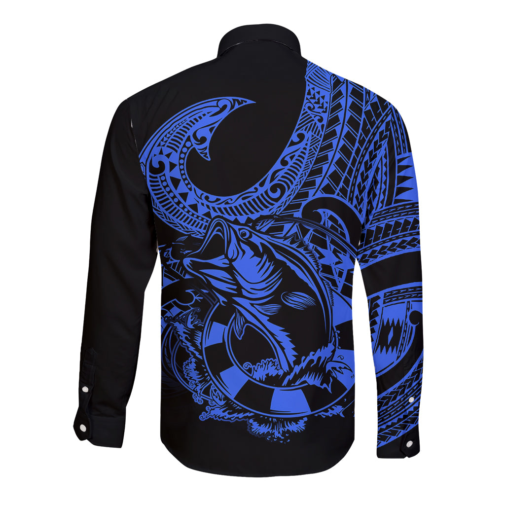 polynesia-long-sleeve-button-shirt-fish-hook-tattoo-go-fishing-polynesian-pattern-blue