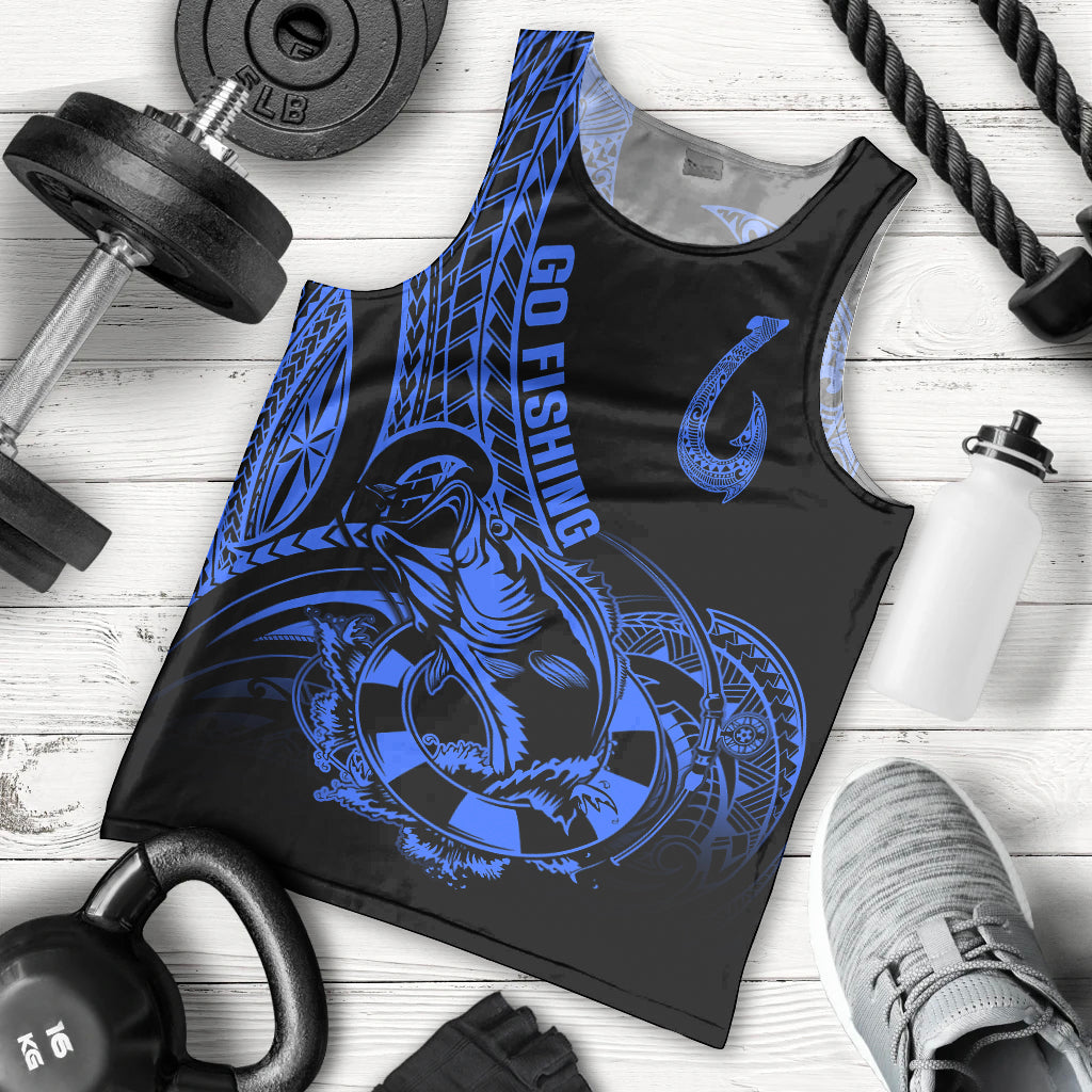 Polynesia Men Tank Top Fish Hook Tattoo Go Fishing Polynesian Pattern Blue LT14 Blue - Polynesian Pride