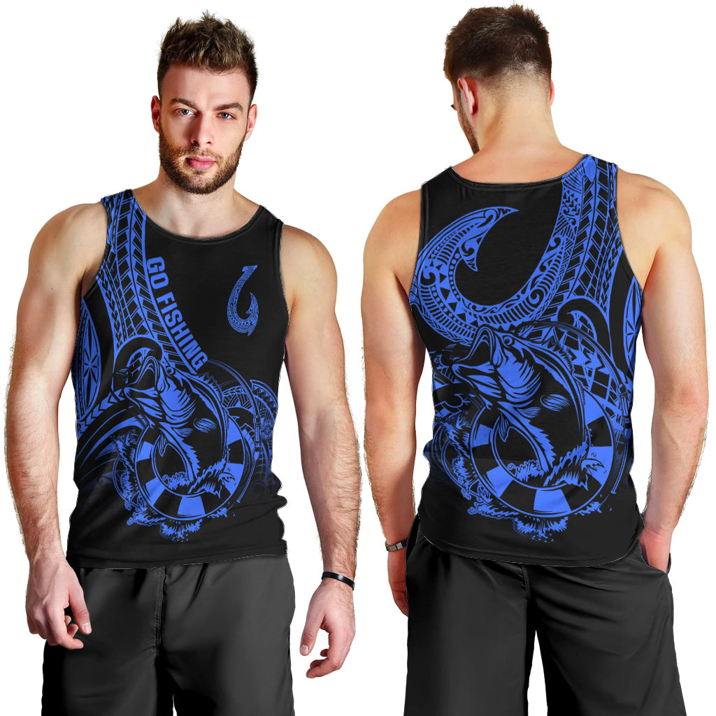Polynesia Men Tank Top Fish Hook Tattoo Go Fishing Polynesian Pattern Blue LT14 - Polynesian Pride
