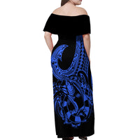 Polynesia Off Shoulder Maxi Dress Fish Hook Tattoo Go Fishing Polynesian Pattern Blue LT14 - Polynesian Pride