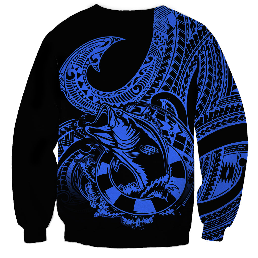 Polynesia Sweatshirt Fish Hook Tattoo Go Fishing Polynesian Pattern Blue LT14 - Polynesian Pride