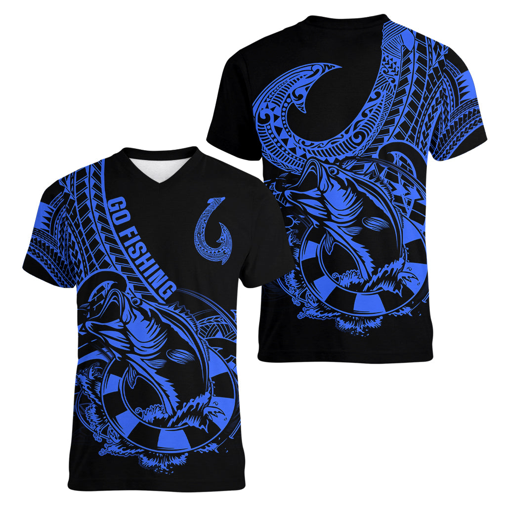 polynesia-women-v-neck-t-shirt-fish-hook-tattoo-go-fishing-polynesian-pattern-blue
