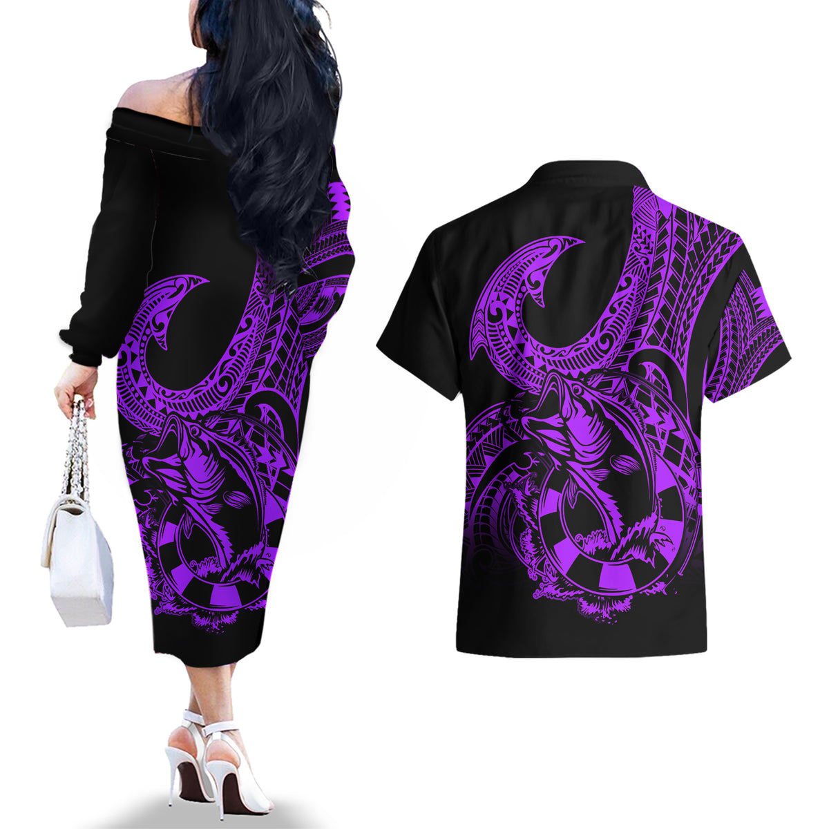 polynesia-couples-matching-off-the-shoulder-long-sleeve-dress-and-hawaiian-shirt-fish-hook-tattoo-go-fishing-polynesian-pattern-purple