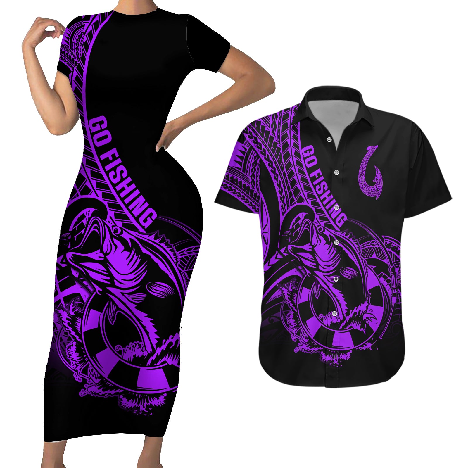 polynesia-couples-matching-short-sleeve-bodycon-dress-and-hawaiian-shirt-fish-hook-tattoo-go-fishing-polynesian-pattern-purple