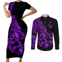polynesia-couples-matching-short-sleeve-bodycon-dress-and-long-sleeve-button-shirts-fish-hook-tattoo-go-fishing-polynesian-pattern-purple