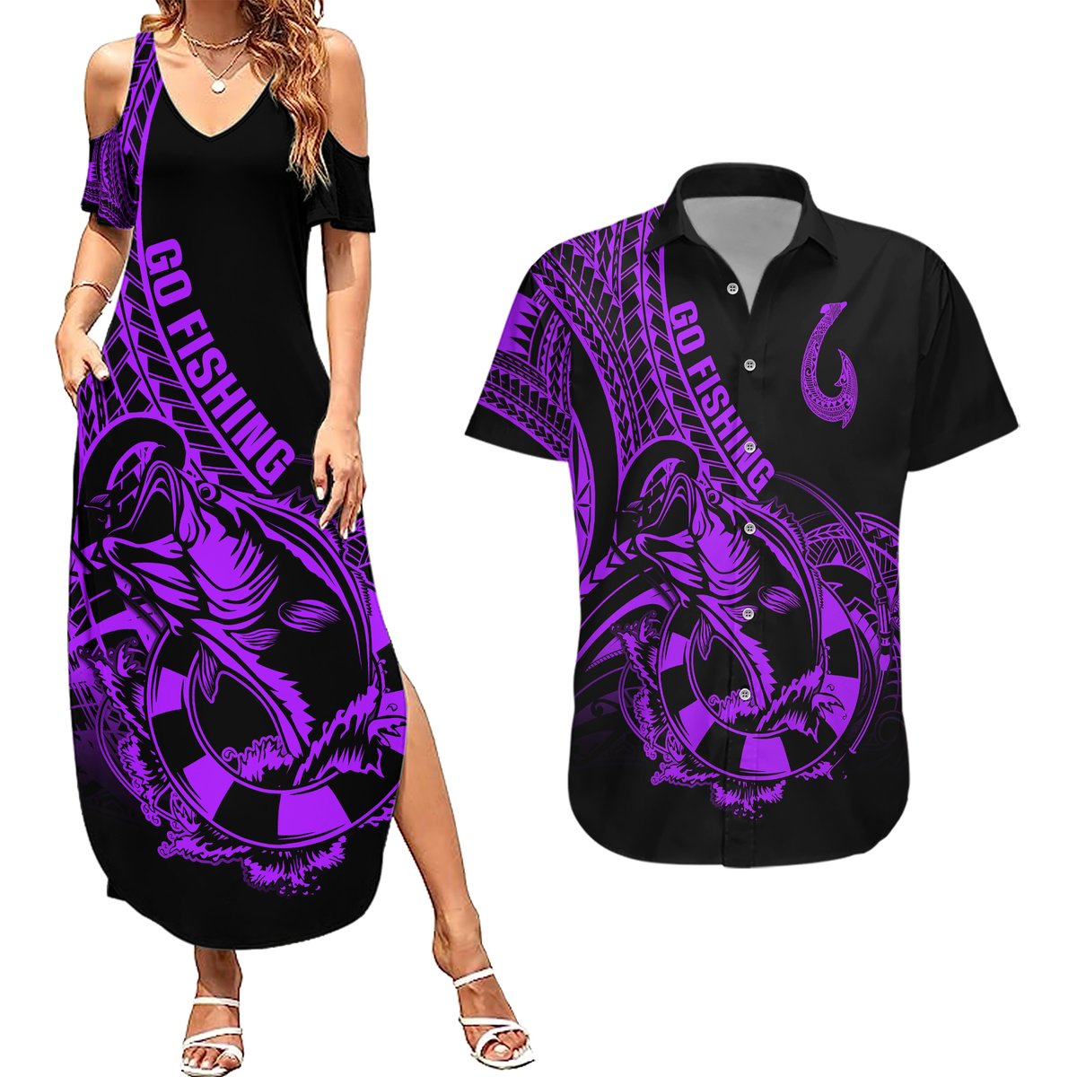 polynesia-couples-matching-summer-maxi-dress-and-hawaiian-shirt-fish-hook-tattoo-go-fishing-polynesian-pattern-purple