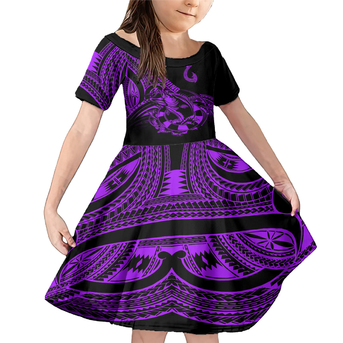 Polynesia Family Matching Mermaid Dress and Hawaiian Shirt Fish Hook Tattoo Go Fishing Polynesian Pattern Purple LT14 Daughter's Dress Purple - Polynesian Pride