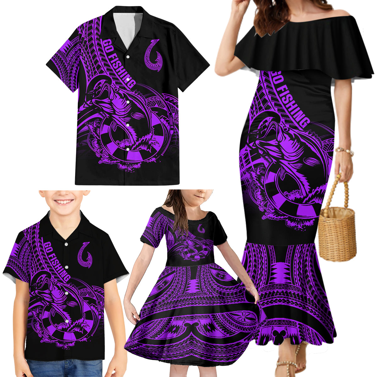 Polynesia Family Matching Mermaid Dress and Hawaiian Shirt Fish Hook Tattoo Go Fishing Polynesian Pattern Purple LT14 - Polynesian Pride