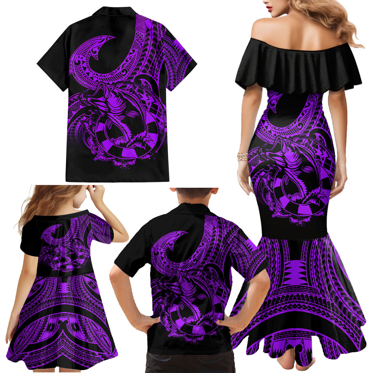 Polynesia Family Matching Mermaid Dress and Hawaiian Shirt Fish Hook Tattoo Go Fishing Polynesian Pattern Purple LT14 - Polynesian Pride