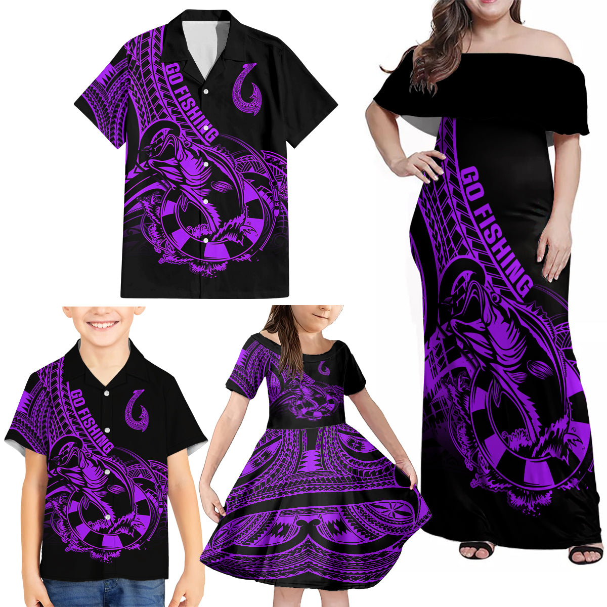 Polynesia Family Matching Off Shoulder Maxi Dress and Hawaiian Shirt Fish Hook Tattoo Go Fishing Polynesian Pattern Purple LT14 - Polynesian Pride