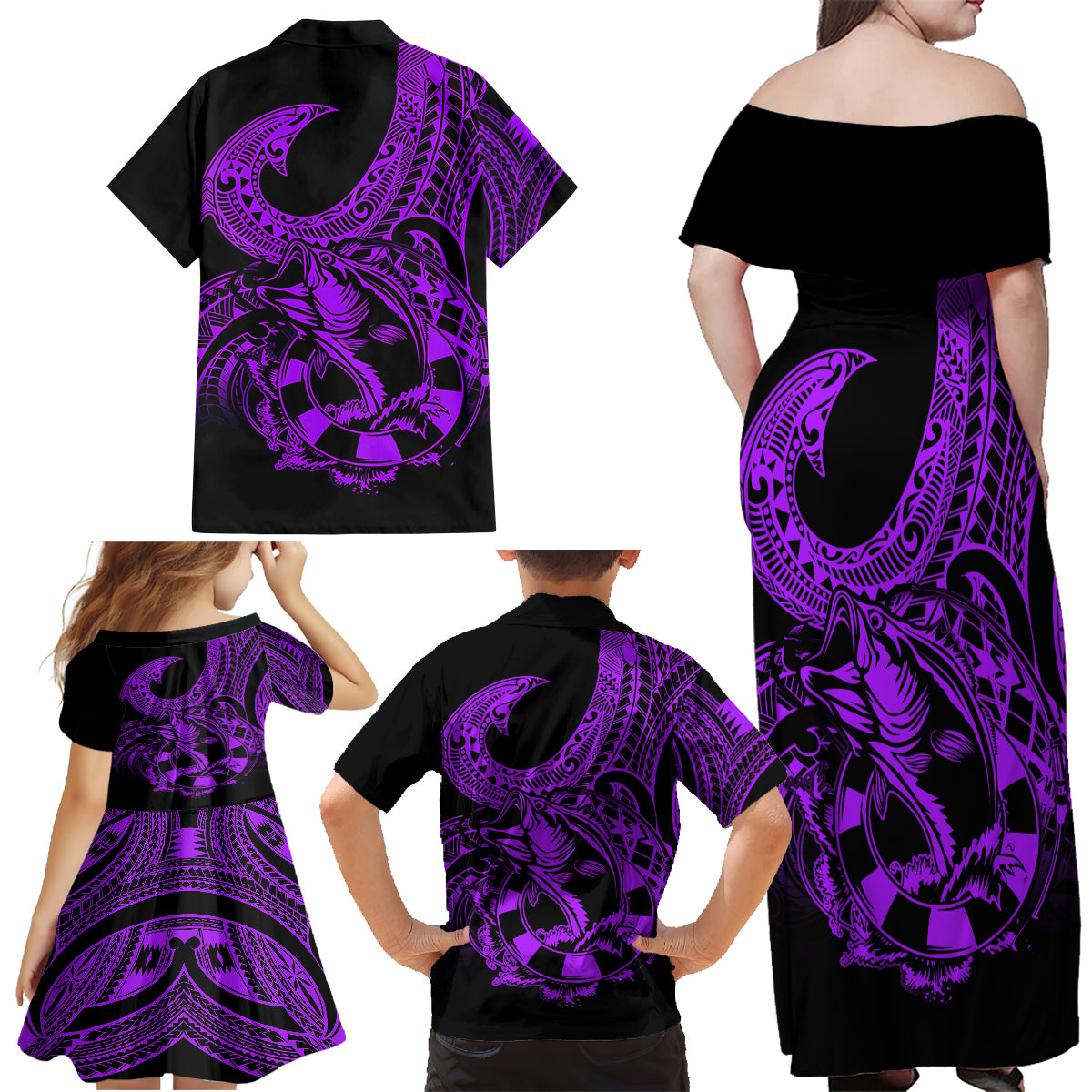 Polynesia Family Matching Off Shoulder Maxi Dress and Hawaiian Shirt Fish Hook Tattoo Go Fishing Polynesian Pattern Purple LT14 - Polynesian Pride