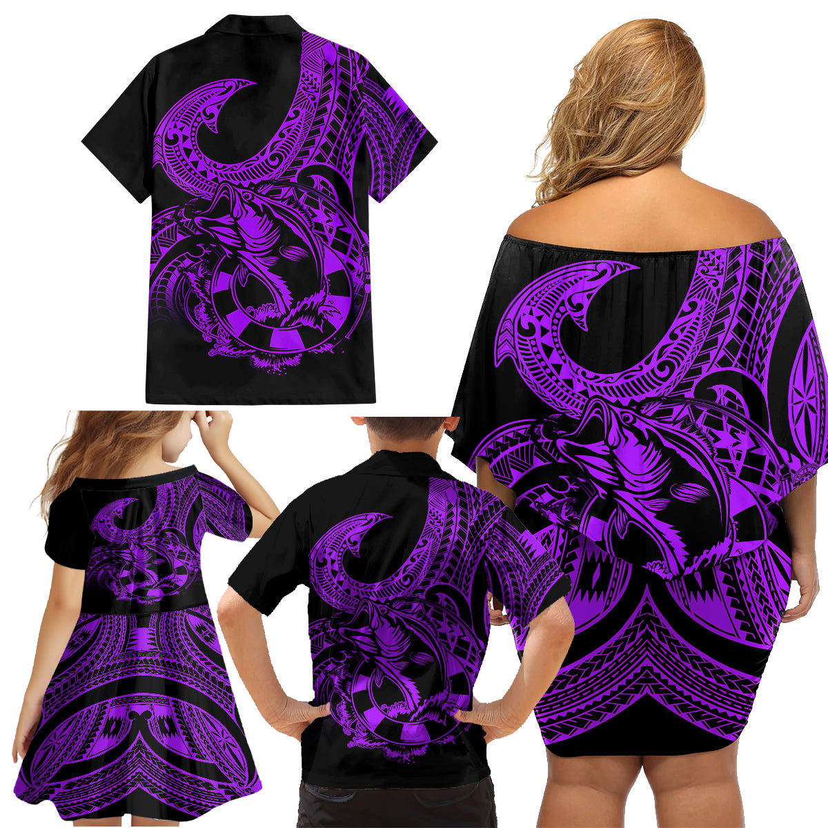 Polynesia Family Matching Off Shoulder Short Dress and Hawaiian Shirt Fish Hook Tattoo Go Fishing Polynesian Pattern Purple LT14 - Polynesian Pride