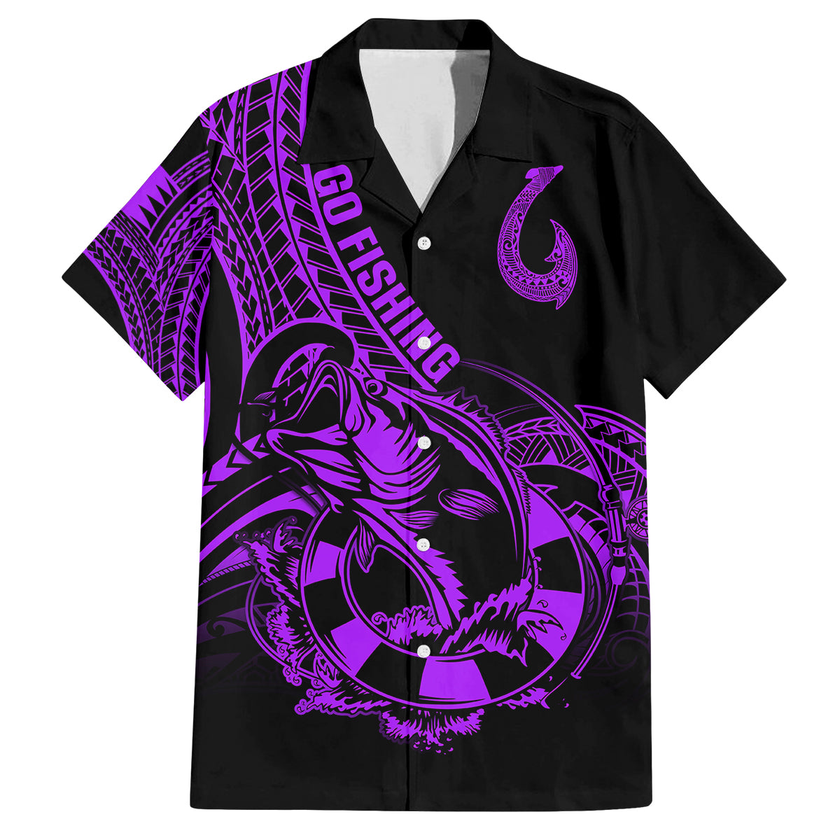 Polynesia Family Matching Off Shoulder Short Dress and Hawaiian Shirt Fish Hook Tattoo Go Fishing Polynesian Pattern Purple LT14 Dad's Shirt - Short Sleeve Purple - Polynesian Pride