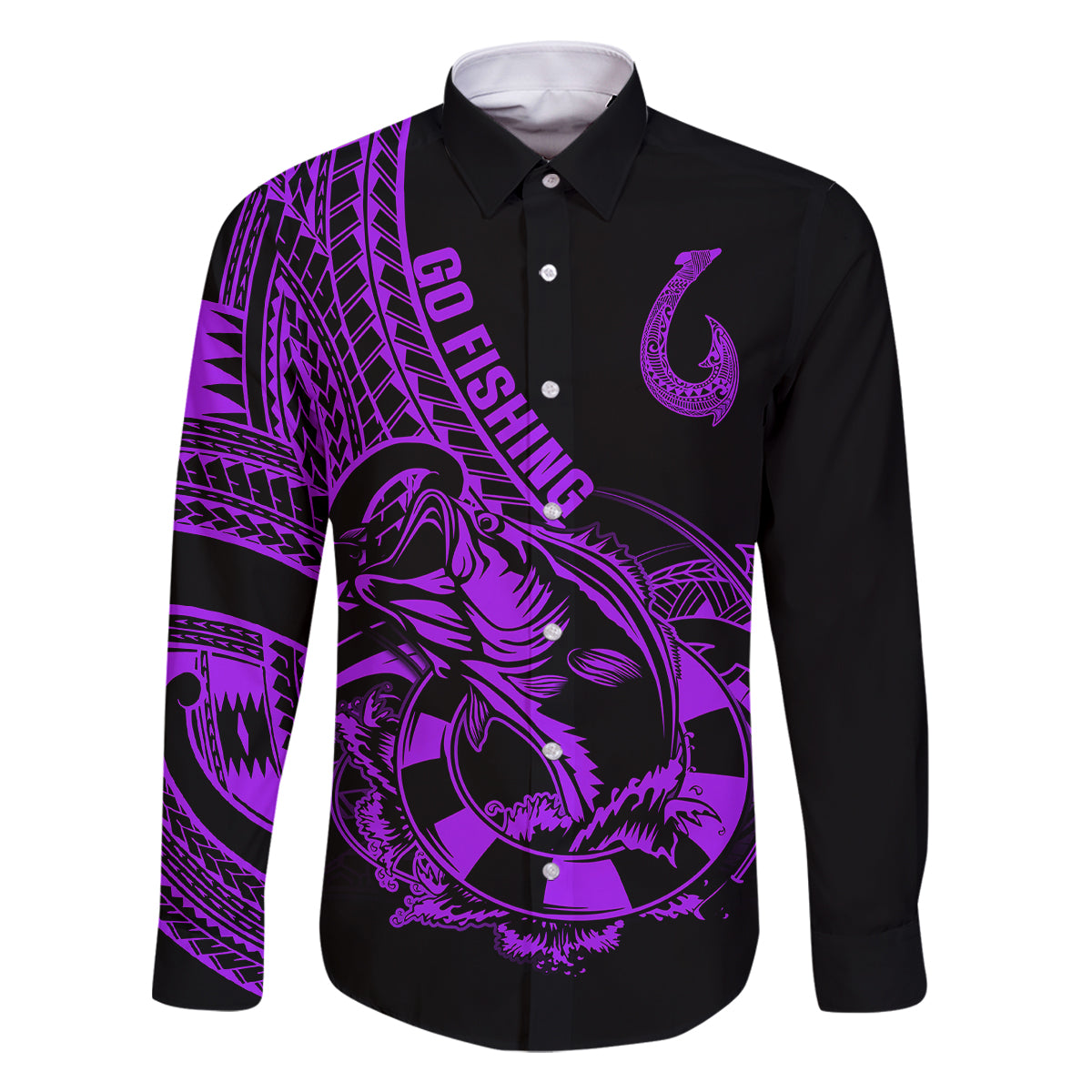 Polynesia Family Matching Off Shoulder Short Dress and Hawaiian Shirt Fish Hook Tattoo Go Fishing Polynesian Pattern Purple LT14 Dad's Shirt - Long Sleeve Purple - Polynesian Pride