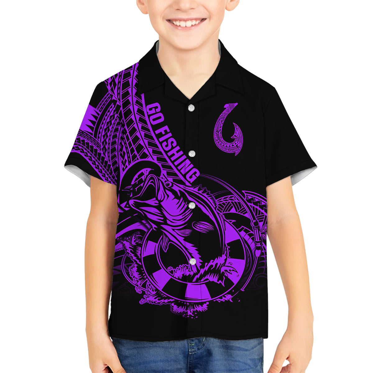 Polynesia Family Matching Tank Maxi Dress and Hawaiian Shirt Fish Hook Tattoo Go Fishing Polynesian Pattern Purple LT14 Son's Shirt Purple - Polynesian Pride
