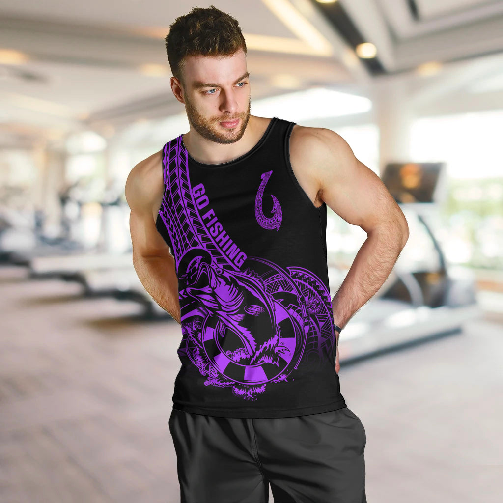 Polynesia Men Tank Top Fish Hook Tattoo Go Fishing Polynesian Pattern Purple LT14 - Polynesian Pride