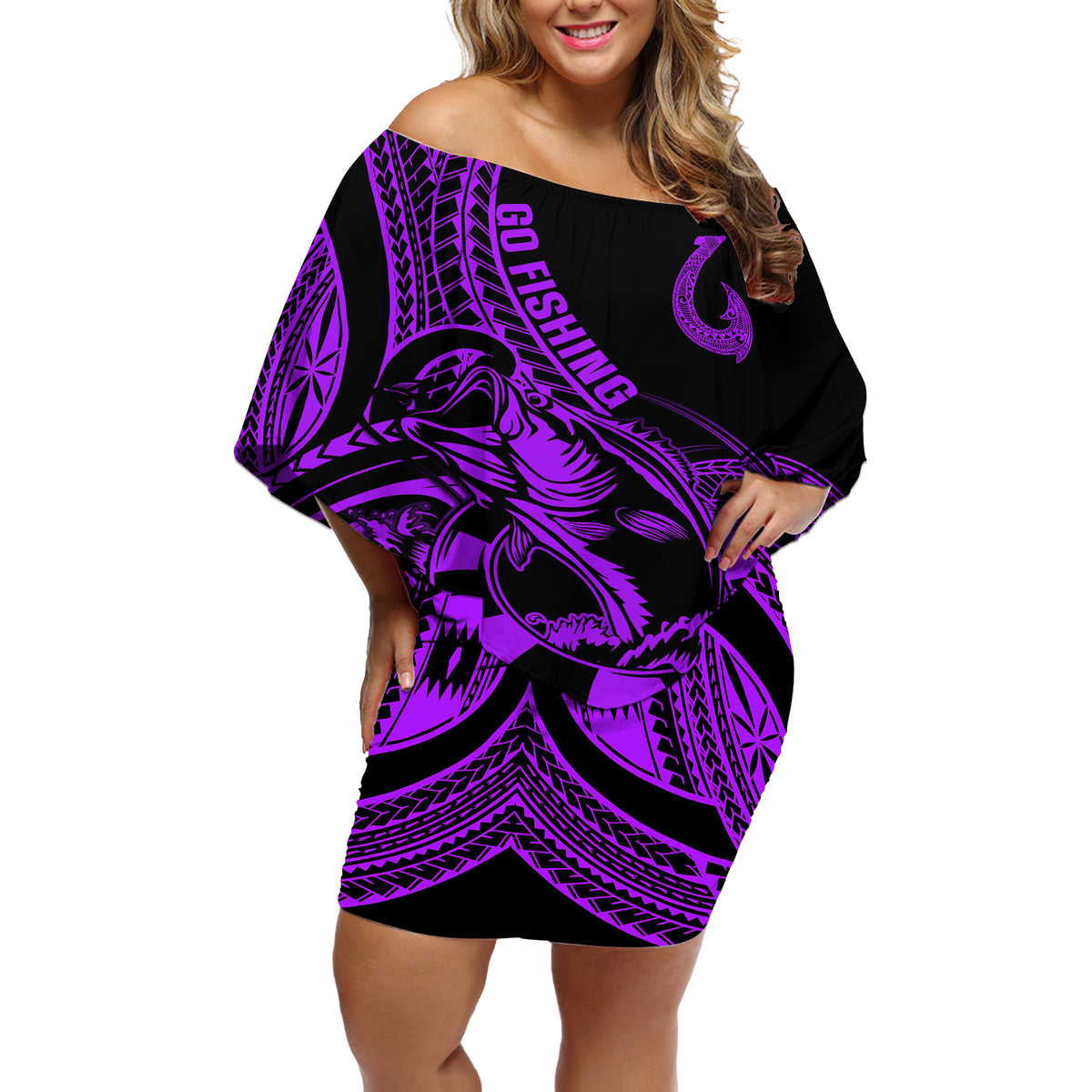 polynesia-off-shoulder-short-dress-fish-hook-tattoo-go-fishing-polynesian-pattern-purple