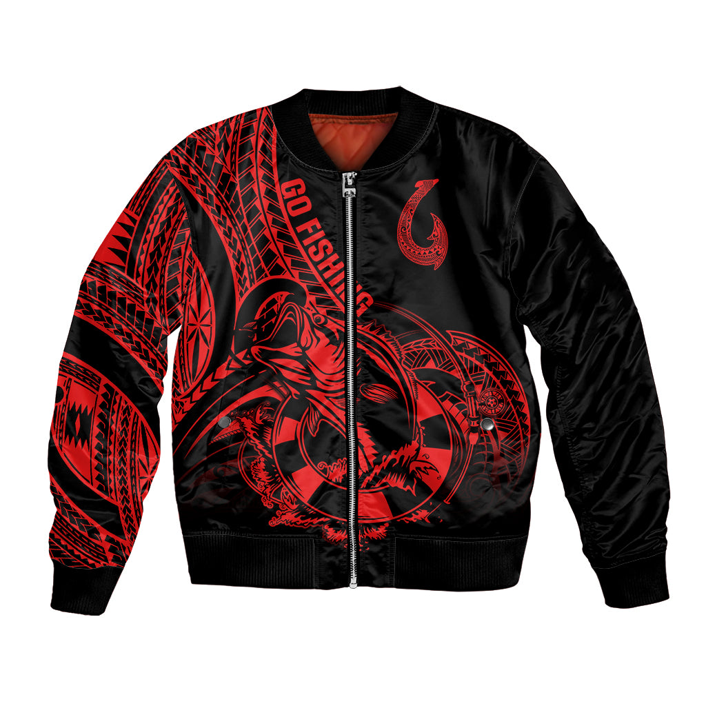 Polynesia Bomber Jacket Fish Hook Tattoo Go Fishing Polynesian Pattern Red LT14 Unisex Red - Polynesian Pride
