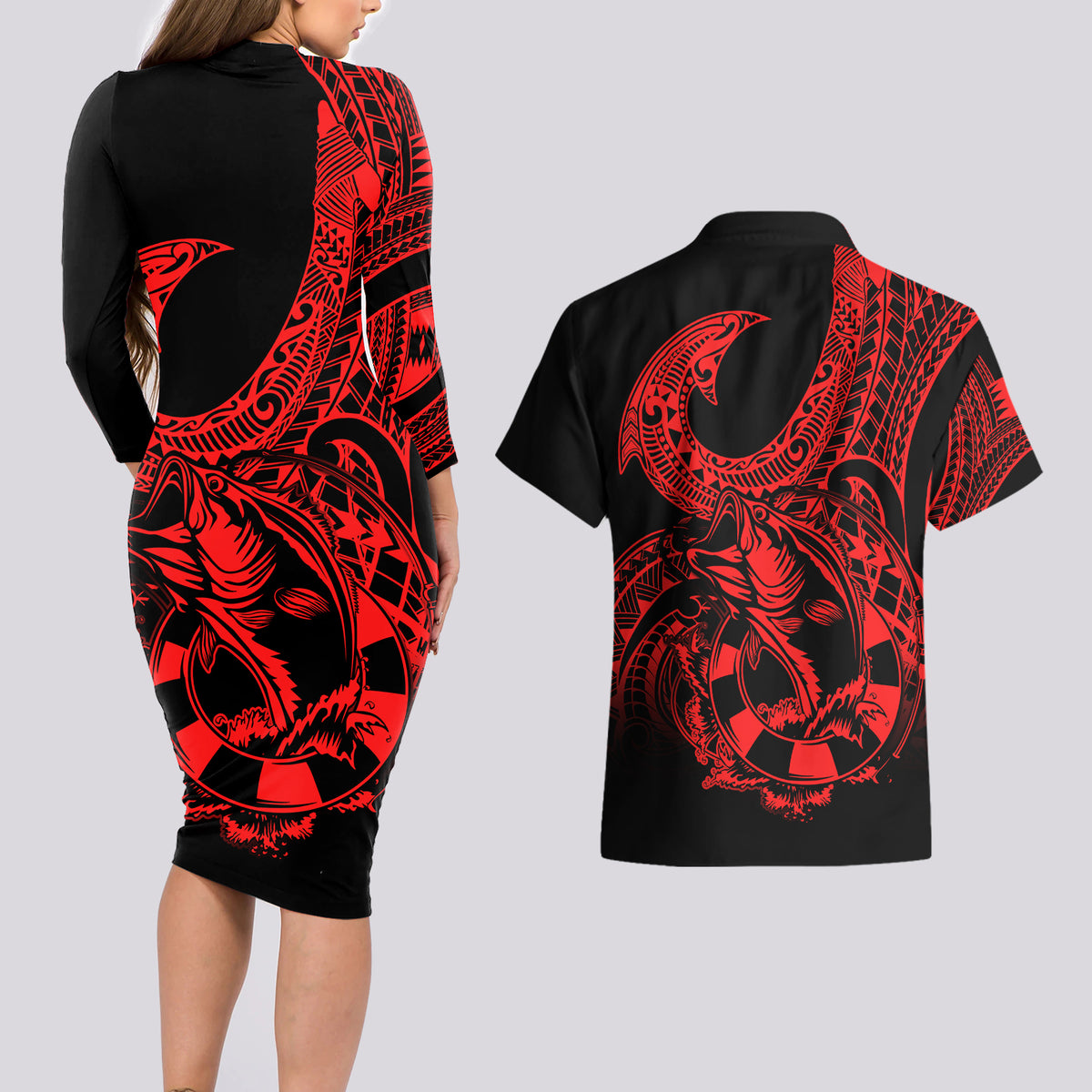 Polynesia Couples Matching Long Sleeve Bodycon Dress and Hawaiian Shirt Fish Hook Tattoo Go Fishing Polynesian Pattern Red LT14 - Polynesian Pride