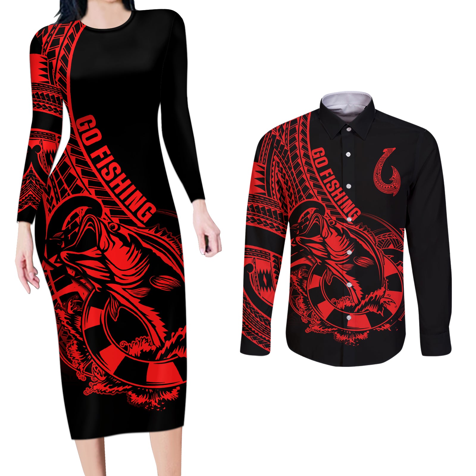 Polynesia Couples Matching Long Sleeve Bodycon Dress and Long Sleeve Button Shirts Fish Hook Tattoo Go Fishing Polynesian Pattern Red LT14 Red - Polynesian Pride