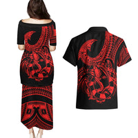 polynesia-couples-matching-puletasi-dress-and-hawaiian-shirt-fish-hook-tattoo-go-fishing-polynesian-pattern-red