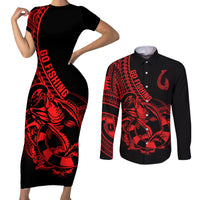 polynesia-couples-matching-short-sleeve-bodycon-dress-and-long-sleeve-button-shirts-fish-hook-tattoo-go-fishing-polynesian-pattern-red