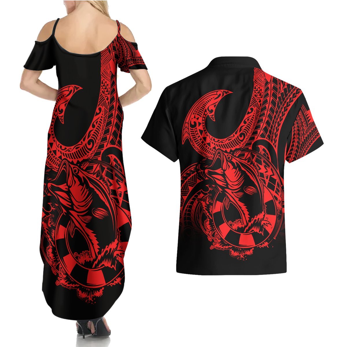 Polynesia Couples Matching Summer Maxi Dress and Hawaiian Shirt Fish Hook Tattoo Go Fishing Polynesian Pattern Red LT14 - Polynesian Pride