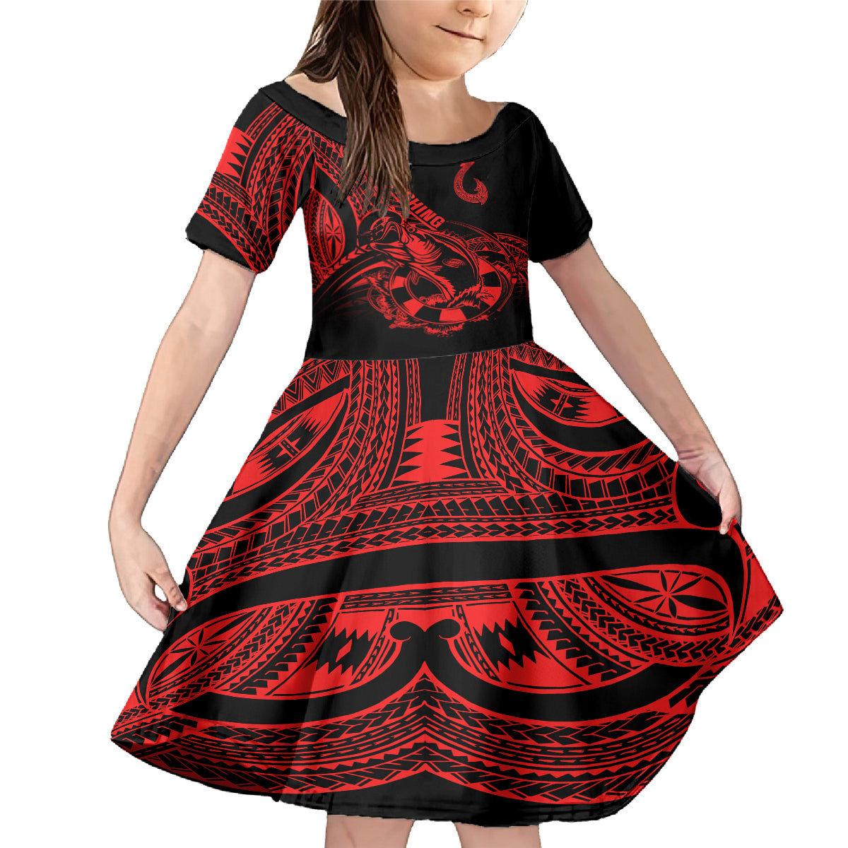 Polynesia Family Matching Mermaid Dress and Hawaiian Shirt Fish Hook Tattoo Go Fishing Polynesian Pattern Red LT14 Daughter's Dress Red - Polynesian Pride