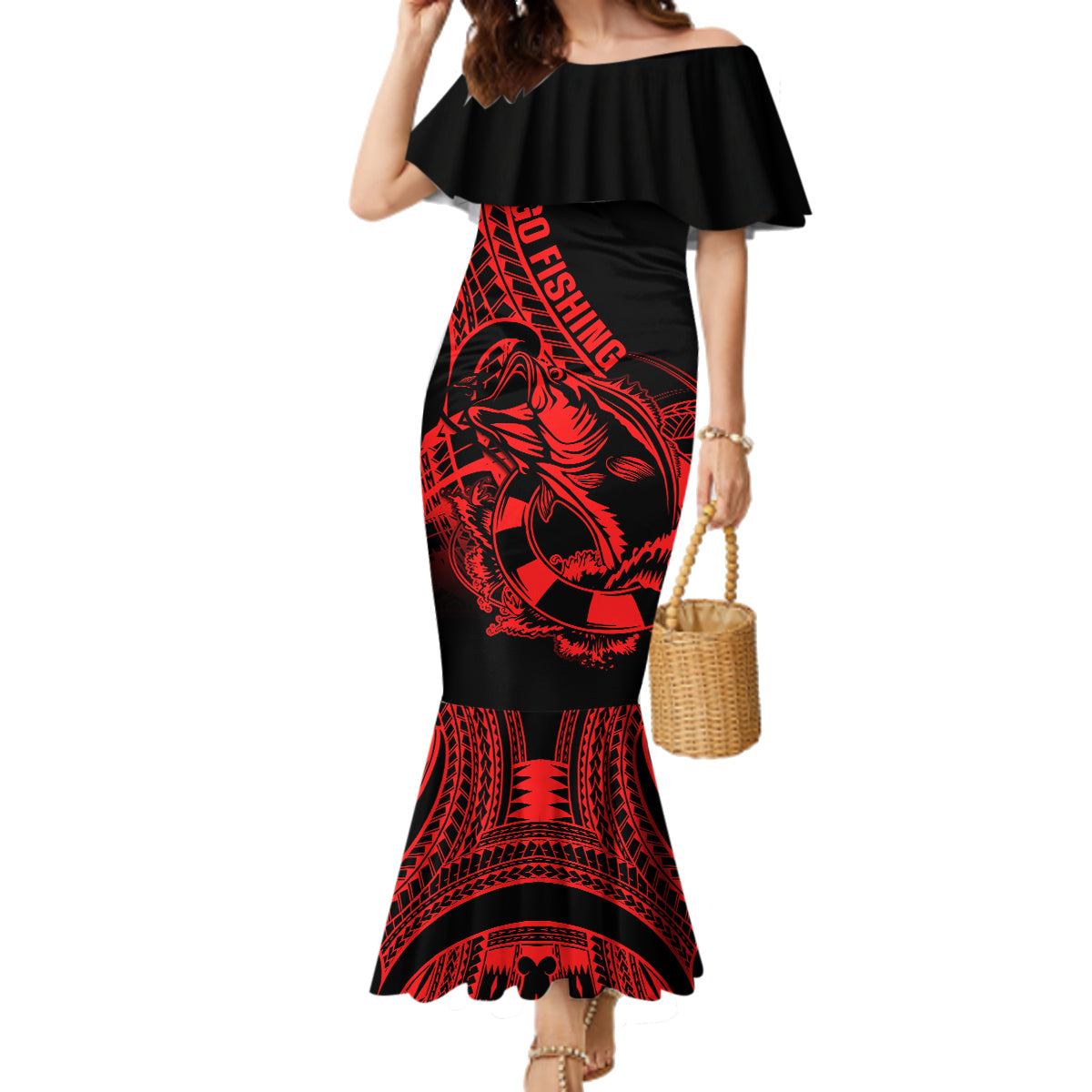 Polynesia Family Matching Mermaid Dress and Hawaiian Shirt Fish Hook Tattoo Go Fishing Polynesian Pattern Red LT14 Mom's Dress Red - Polynesian Pride