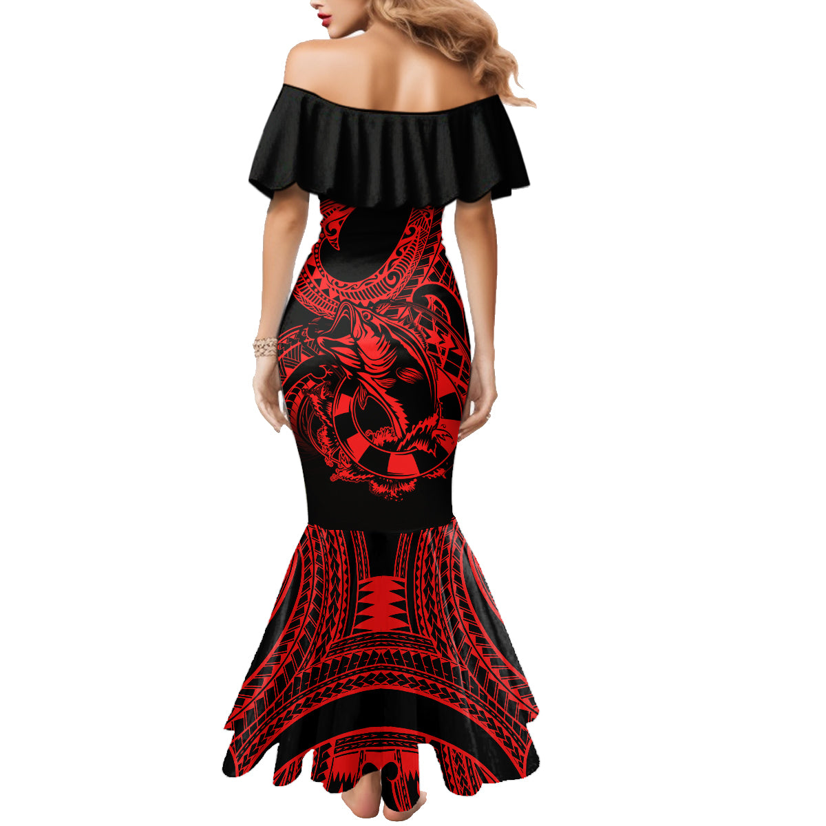 Polynesia Family Matching Mermaid Dress and Hawaiian Shirt Fish Hook Tattoo Go Fishing Polynesian Pattern Red LT14 - Polynesian Pride