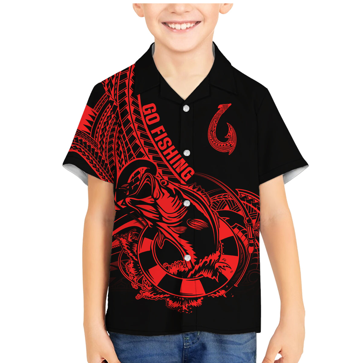 Polynesia Family Matching Mermaid Dress and Hawaiian Shirt Fish Hook Tattoo Go Fishing Polynesian Pattern Red LT14 Son's Shirt Red - Polynesian Pride