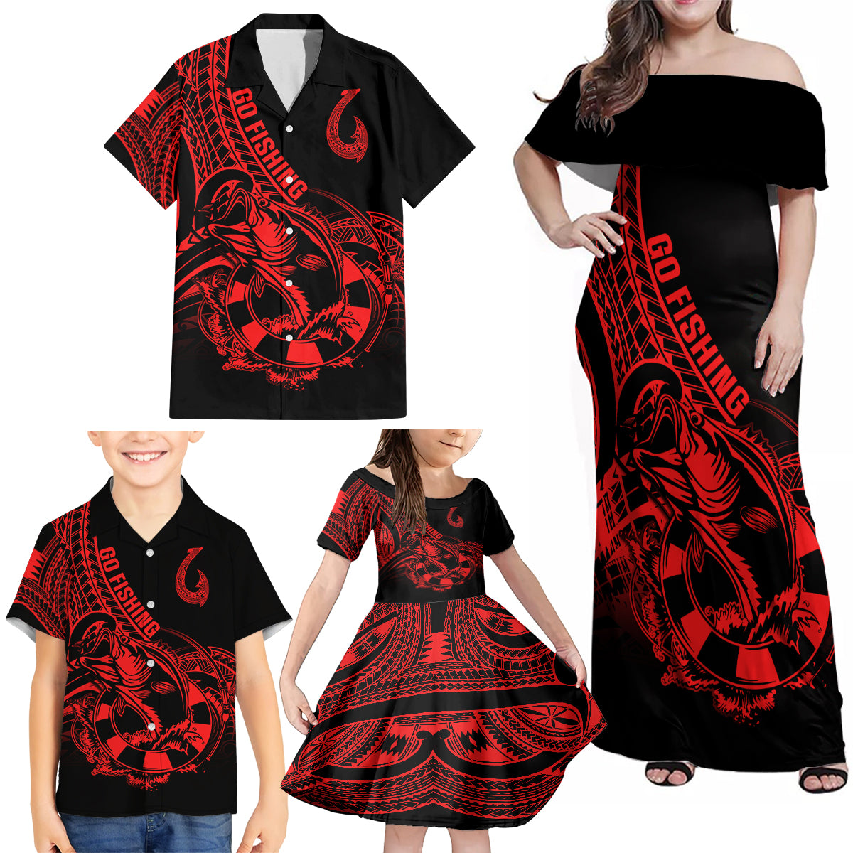 Polynesia Family Matching Off Shoulder Maxi Dress and Hawaiian Shirt Fish Hook Tattoo Go Fishing Polynesian Pattern Red LT14 - Polynesian Pride
