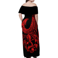 Polynesia Family Matching Off Shoulder Maxi Dress and Hawaiian Shirt Fish Hook Tattoo Go Fishing Polynesian Pattern Red LT14 - Polynesian Pride